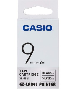 Taśma Casio XR-9SR1 do drukarek etykiet 9mm x 8m czarny nadruk/ srebrne tło (XR-9SR1)