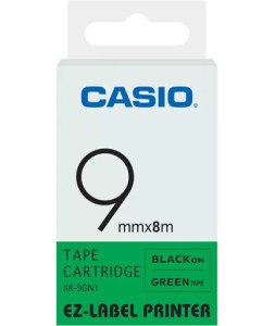 Taśma Casio XR-9GN1 do drukarek etykiet 9mm x 8m czarny nadruk/ zielone tło (XR-9GN1)