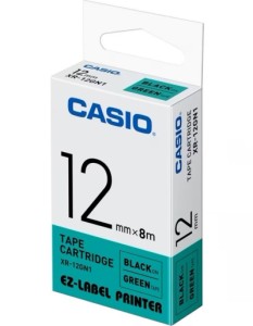 Taśma Casio XR-12GN1 do drukarek etykiet 12mm x 8m czarny nadruk/ zielone tło (XR-12GN1)