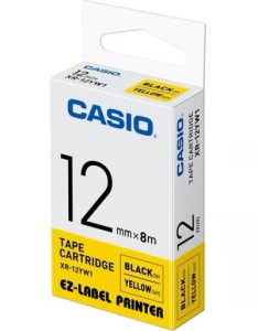 Taśma Casio XR-12YW1 do drukarek etykiet 12mm x 8m czarny nadruk/ żółte tło (XR-12YW1)
