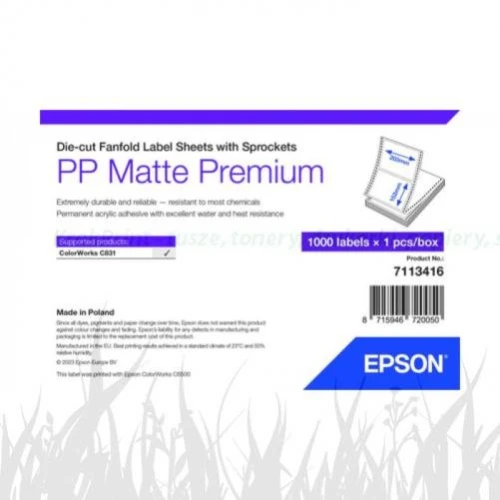 PP Matte Label Premium, Die-cut Fanfold Sheets with Sprockets, 203mm x 152mm, 1000 Labels (7113416 / C33S045553)