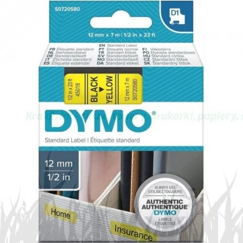 Dymo Taśma D1 standardowa Czarny nadruk na żółtym tle | 12mm x 7m (S0720580)
