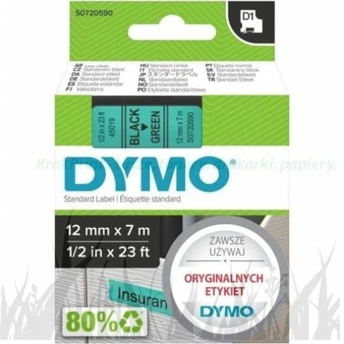 Dymo Taśma D1 standardowa Czarny nadruk na zielonym tle | 12mm x 7m (S0720590)