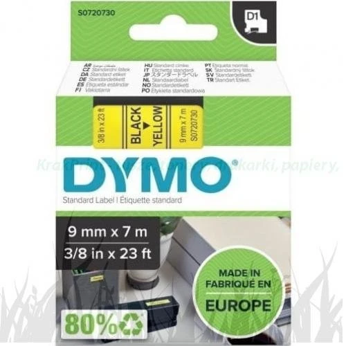 Dymo Taśma D1 standardowa Czarny nadruk na żółtym tle | 9mm x 7m (S0720730)