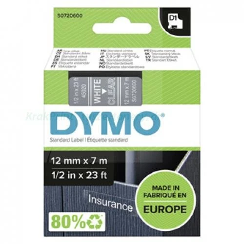 Dymo Taśma D1 standardowa Biały nadruk na przezroczystym tle | 12mm x 7m (S0720600)