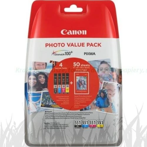 Canon Photo ValuePack tusze CLI-551 BK/CY/MG/YL + papier foto 50 szt. 10x15cm (6508B005)