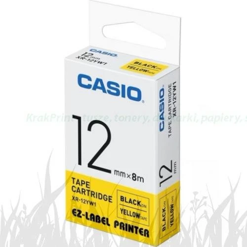 Taśma Casio XR-12YW1 do drukarek etykiet 12mm x 8m czarny nadruk/ żółte tło (XR-12YW1)