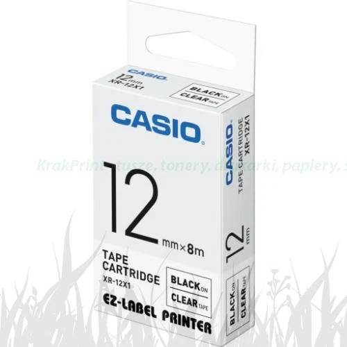 Taśma Casio XR-12X1 do drukarek etykiet 12mm x 8m czarny nadruk/ przezroczyste tło (XR-12X1)