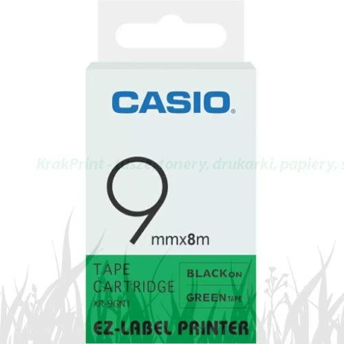 Taśma Casio XR-9GN1 do drukarek etykiet 9mm x 8m czarny nadruk/ zielone tło (XR-9GN1)