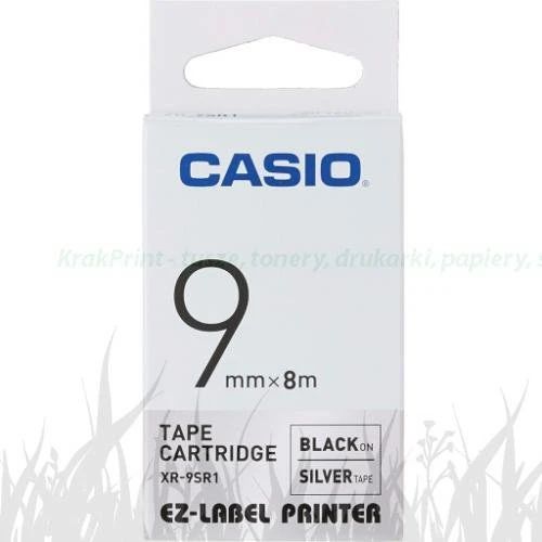 Taśma Casio XR-9SR1 do drukarek etykiet 9mm x 8m czarny nadruk/ srebrne tło (XR-9SR1)
