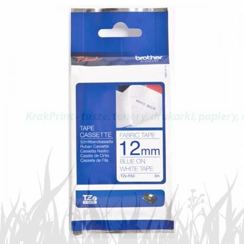 Taśma Brother 12mm x 3m niebieski nadruk / białe tło (TZEFA3)