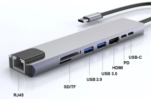 Adapter 8w1 Typ-C to HDMI +RJ45(100Mbps)+USB3.0+USB2.0+SD/TF+68W PD+U (JL-CX08)
